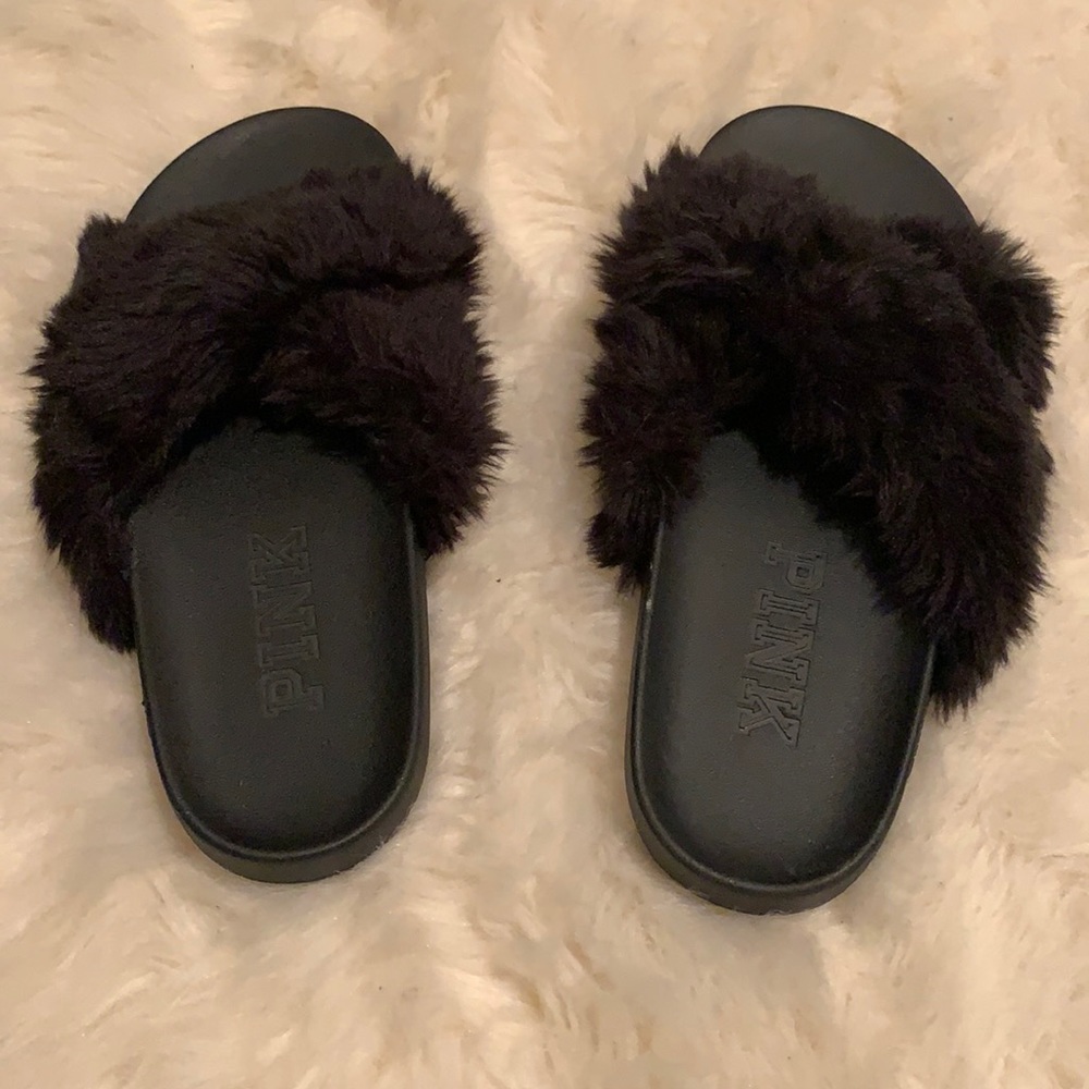 PINK fluffy cross cross slides